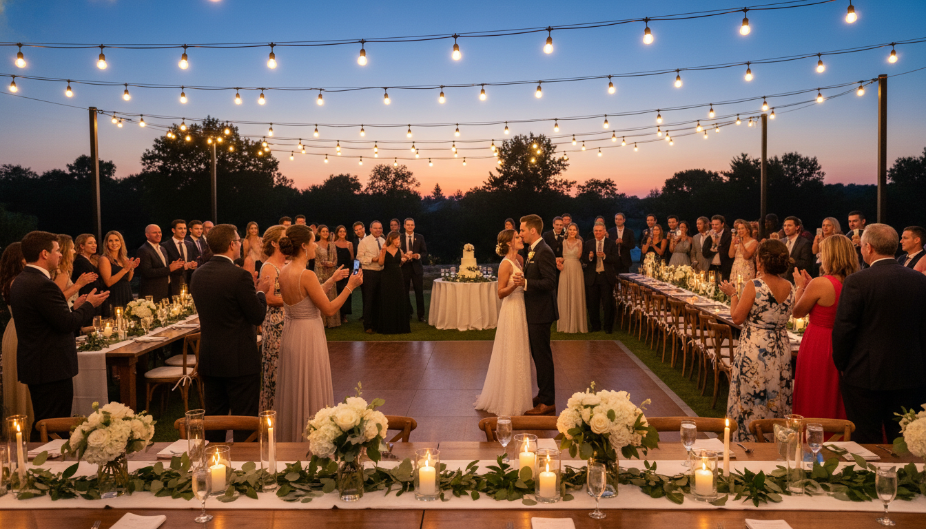 Wedding celebration at dusk with fairy lights